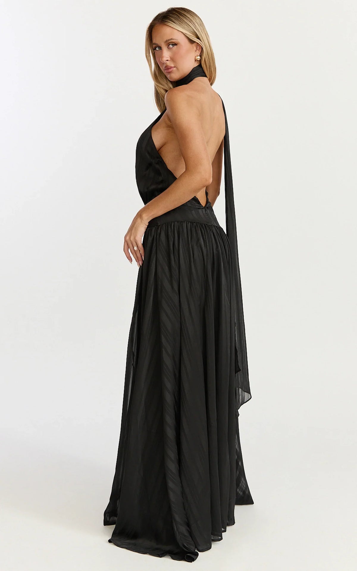 Mirabelle Maxi Dress - Scarf Neck Backless High Low Dress in Black