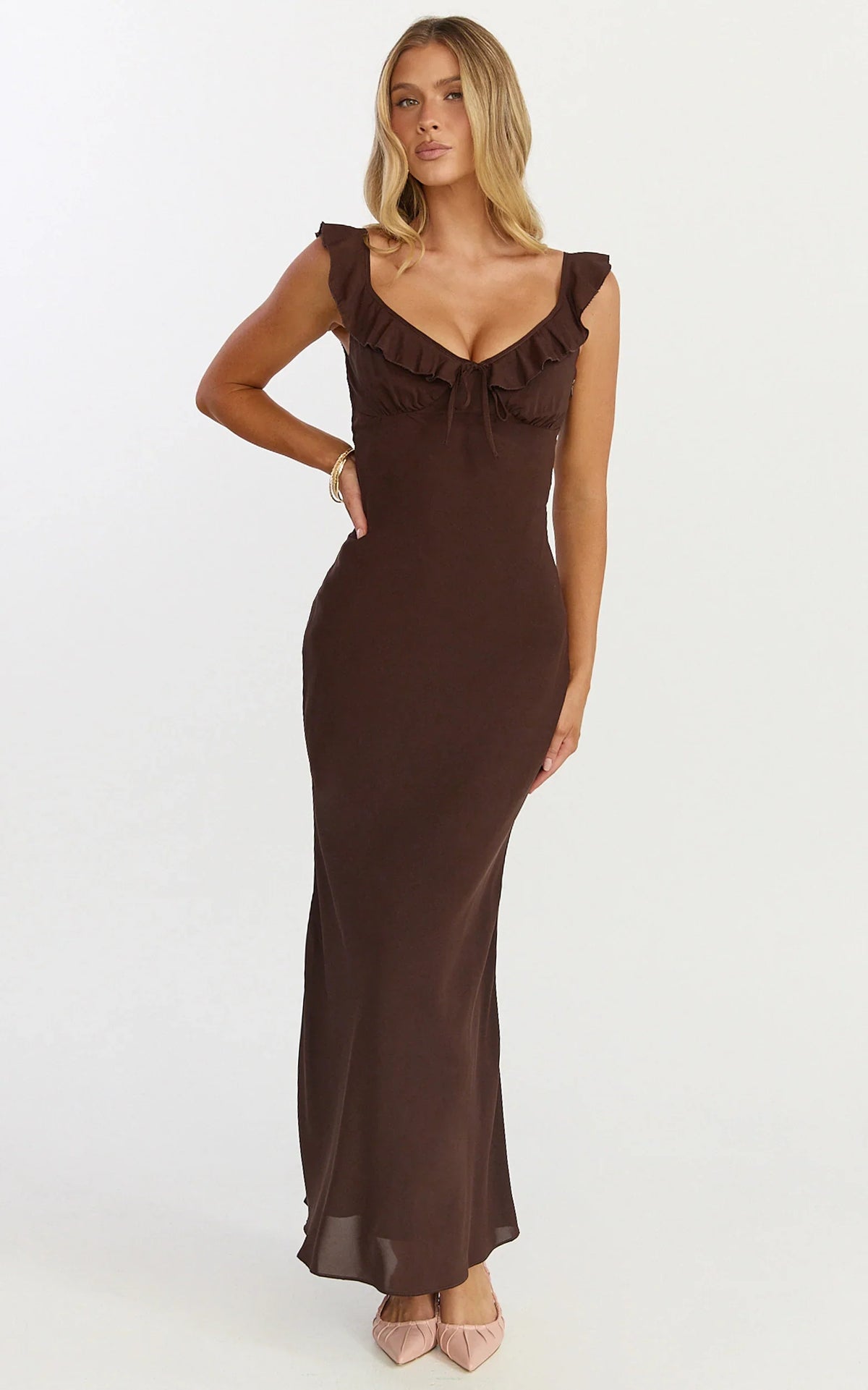 Lily Midi Dress - Ruffle V Neck Front Tie Slip Dress in Chocolate
