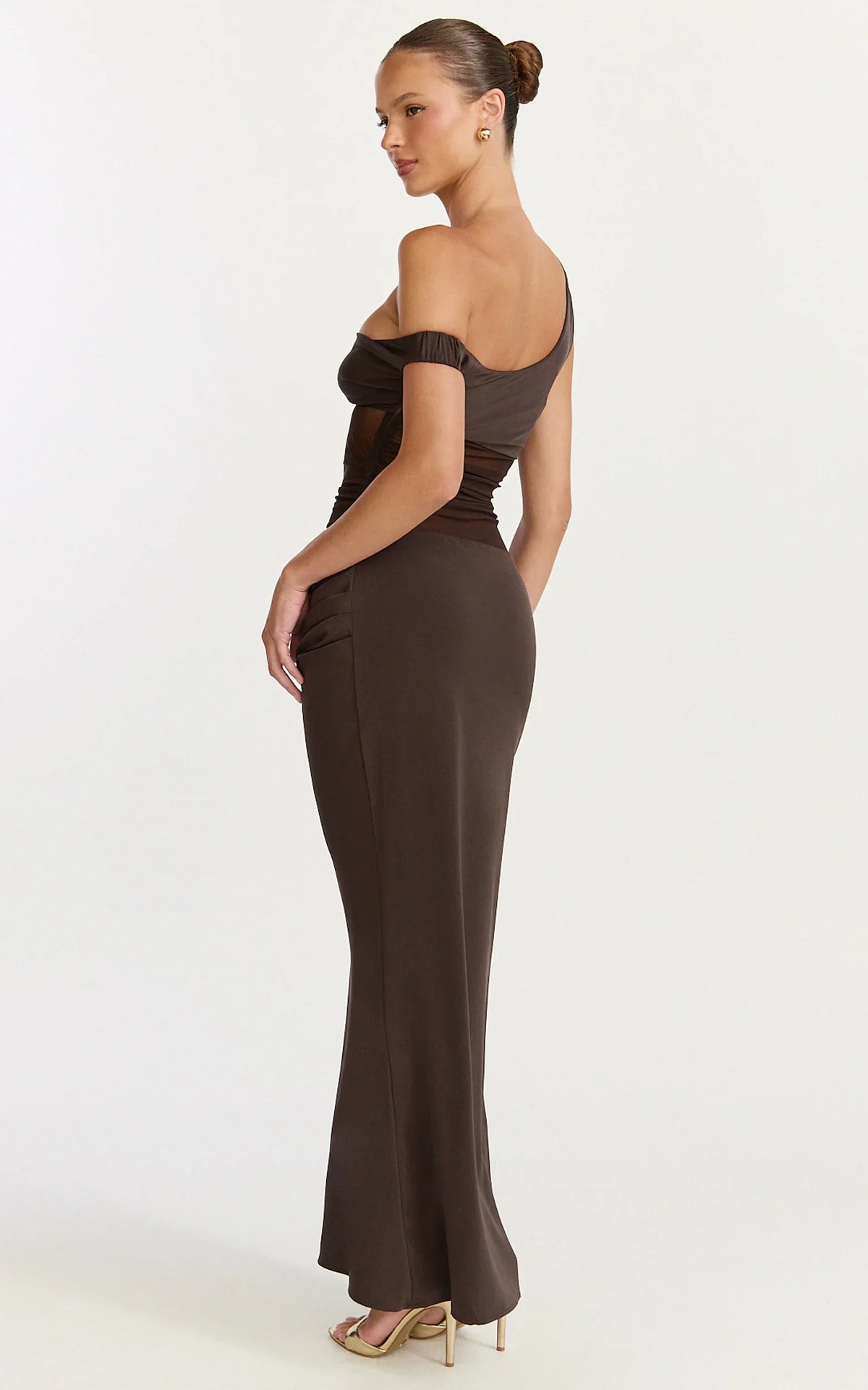 Elias Maxi Dress - Twisted One Shoulder Cowl Dropped Waist Dress in Chocolate