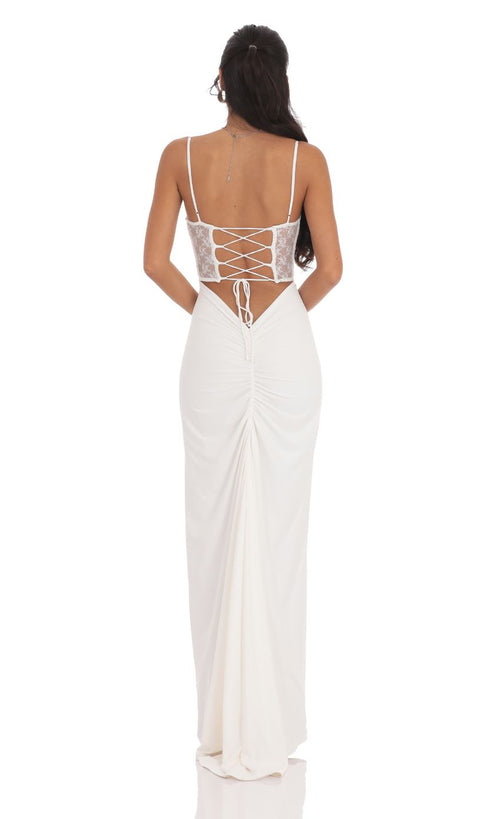 Shimmer Lace Cutout Maxi Dress in White