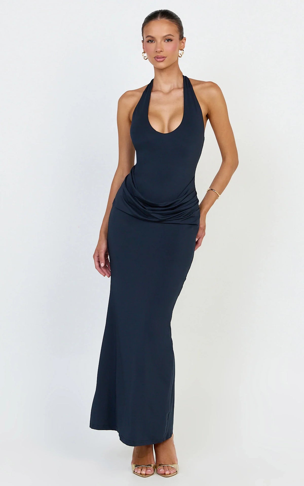 Heath Maxi Dress - Scoop Halter Neck With Drape Front Skirt Back Split Dress in Navy