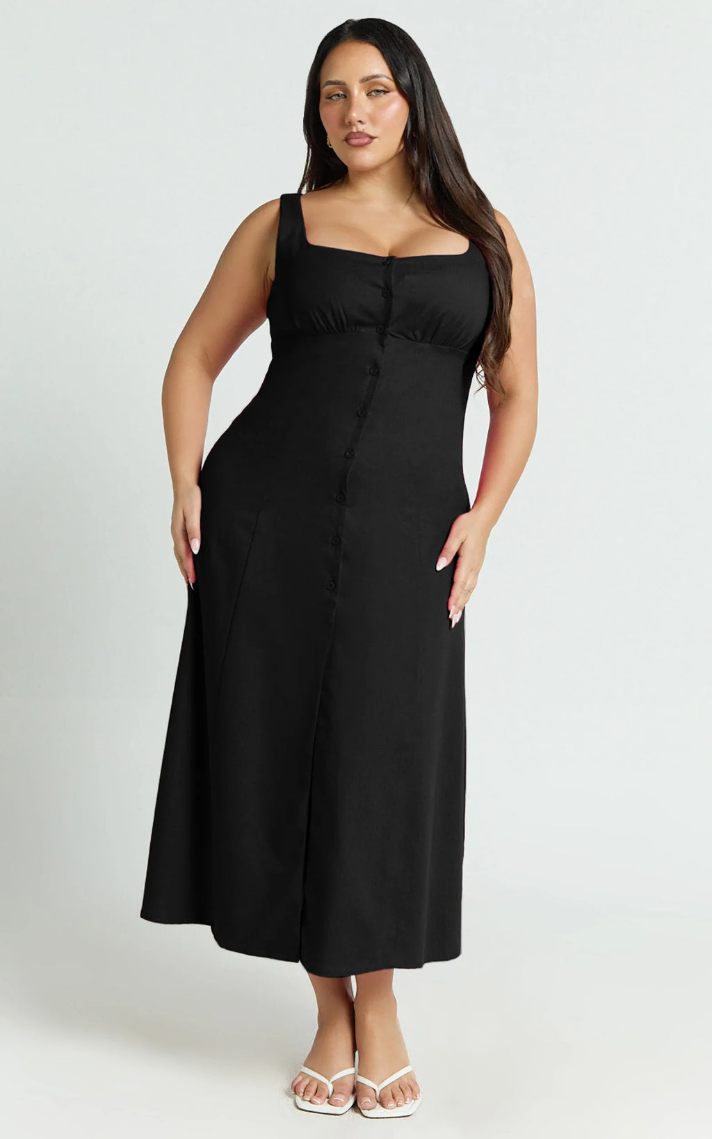 Cameron Midi Dress - Button Front Tie Back Dress in Black