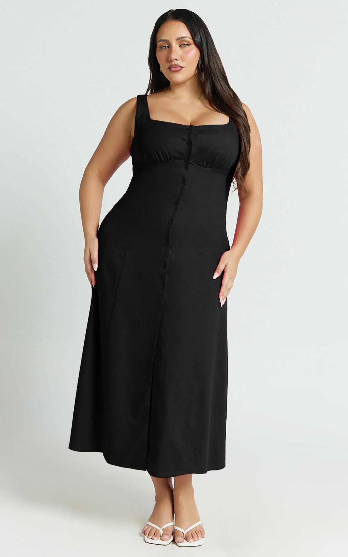 Cameron Midi Dress - Button Front Tie Back Dress in Black