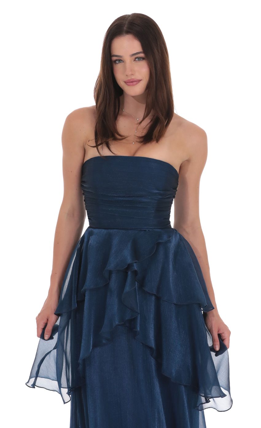 Corset Petal Ruffle Strapless Maxi Dress in Navy