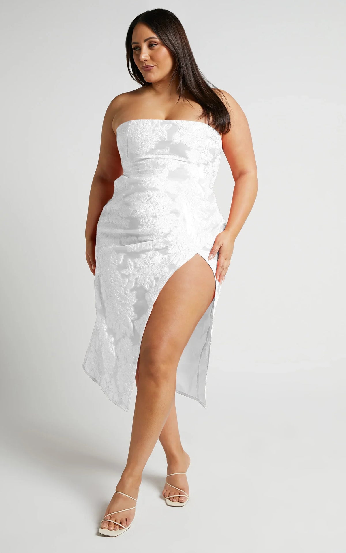 Brailey Midi Dress - Thigh Split Strapless Dress in White Jacquard