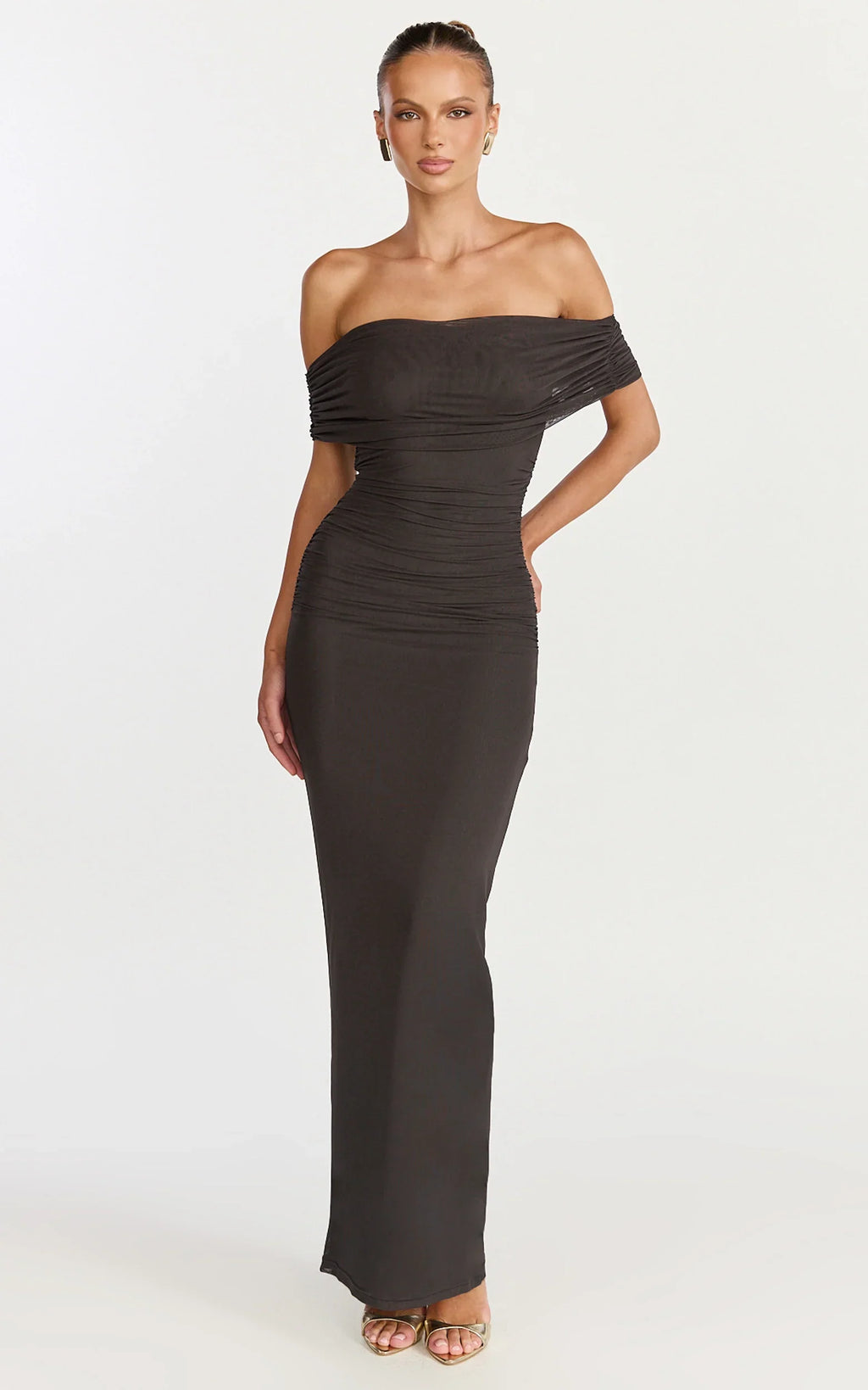 Caterina Maxi - Ruched Off Shoulder Mesh Dress in Chocolate