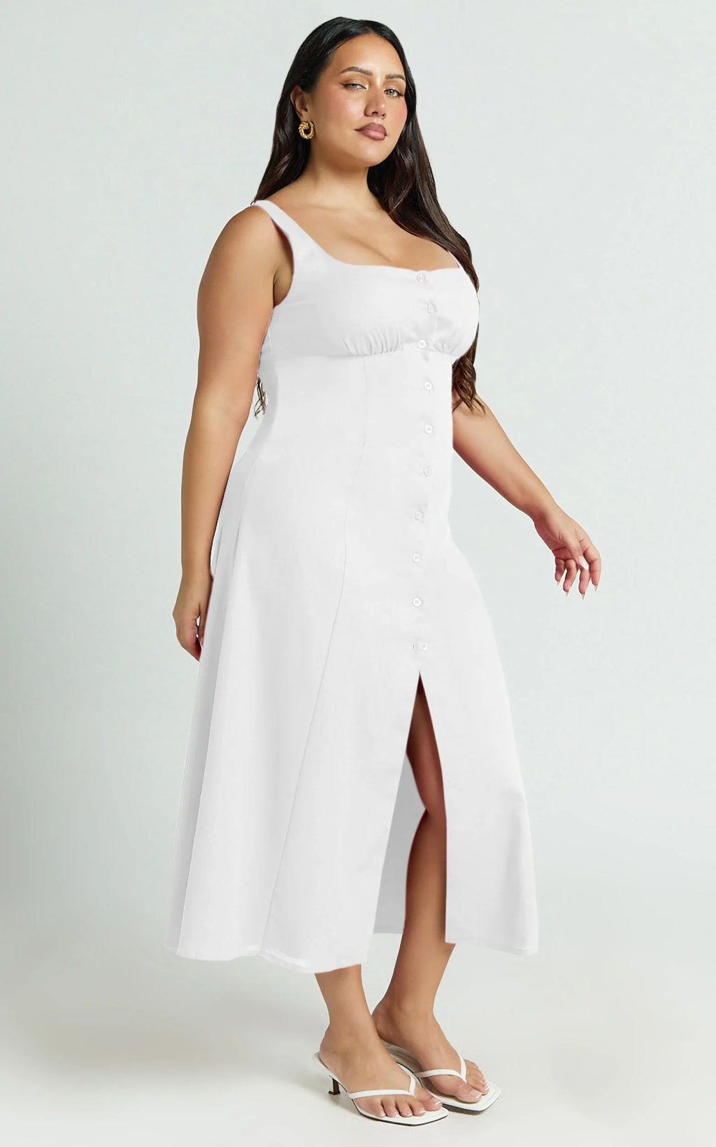 Cameron Midi Dress - Button Front Tie Back Dress in White