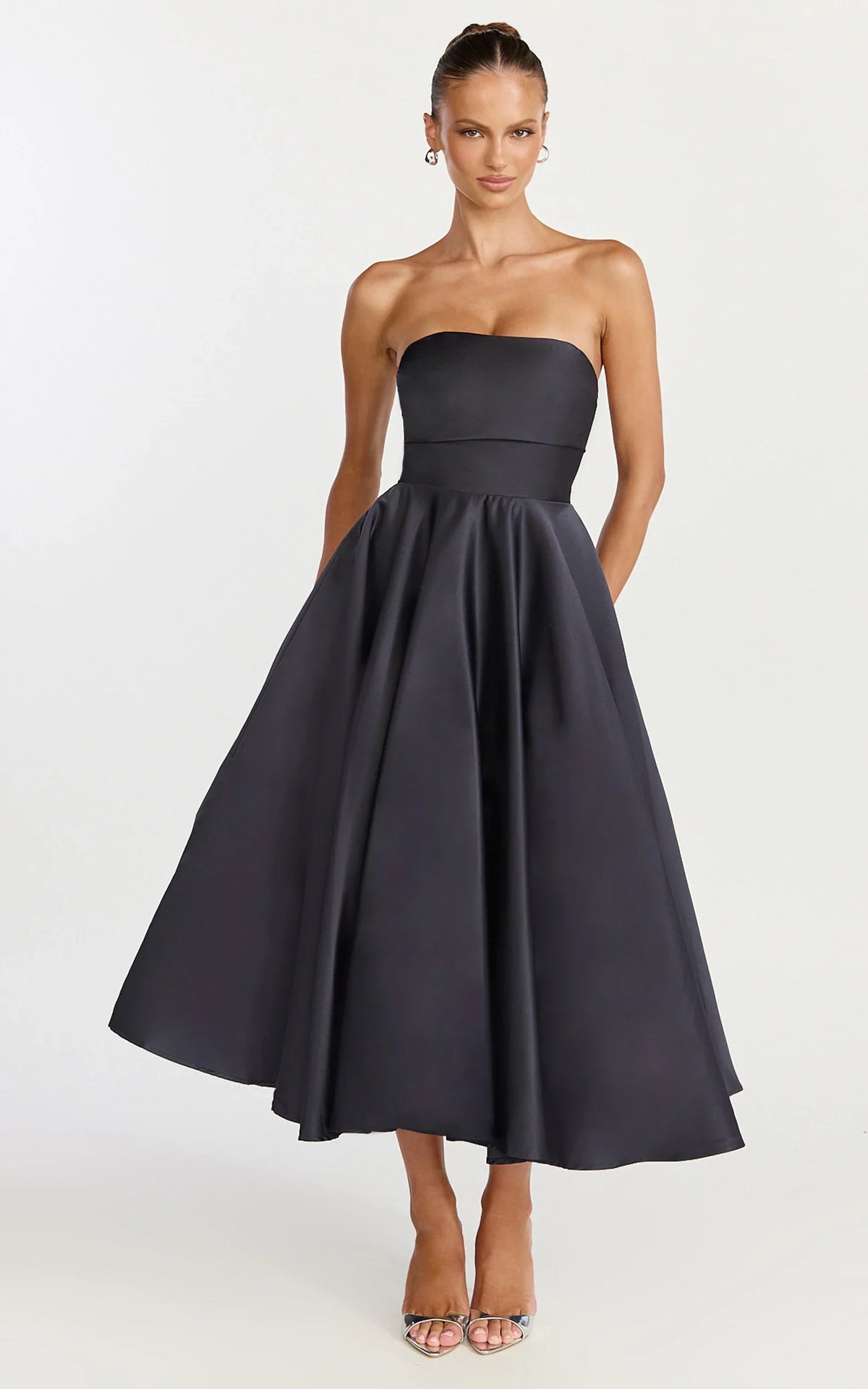 Helaina Midi Dress - Line Satin Dress in Navy