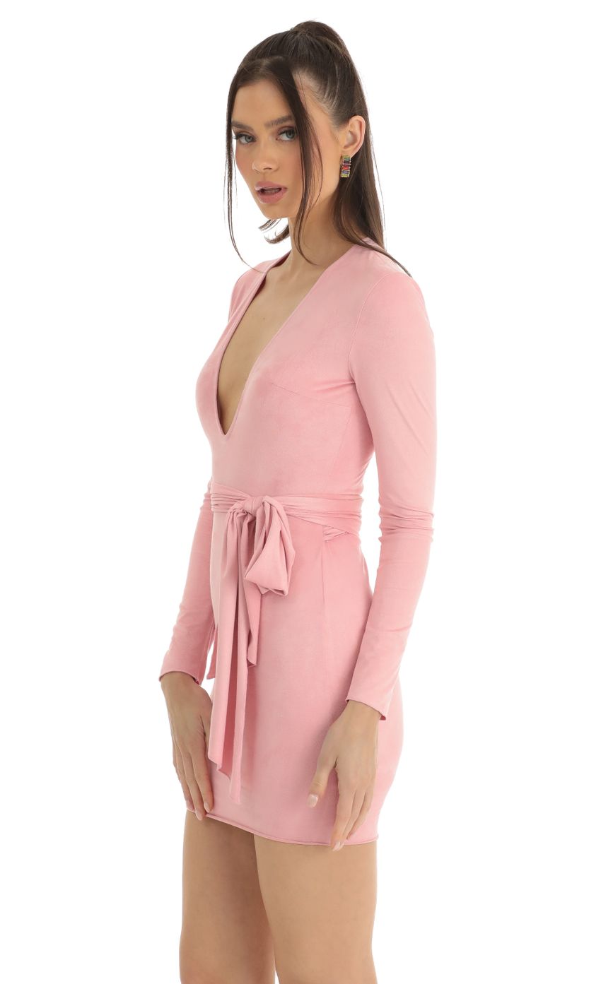 Suede V-Neck Dress in Pink
