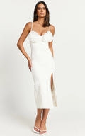 Benji Midi Dress - Ruffle Bodice Fitted Side Split Dress in Off White