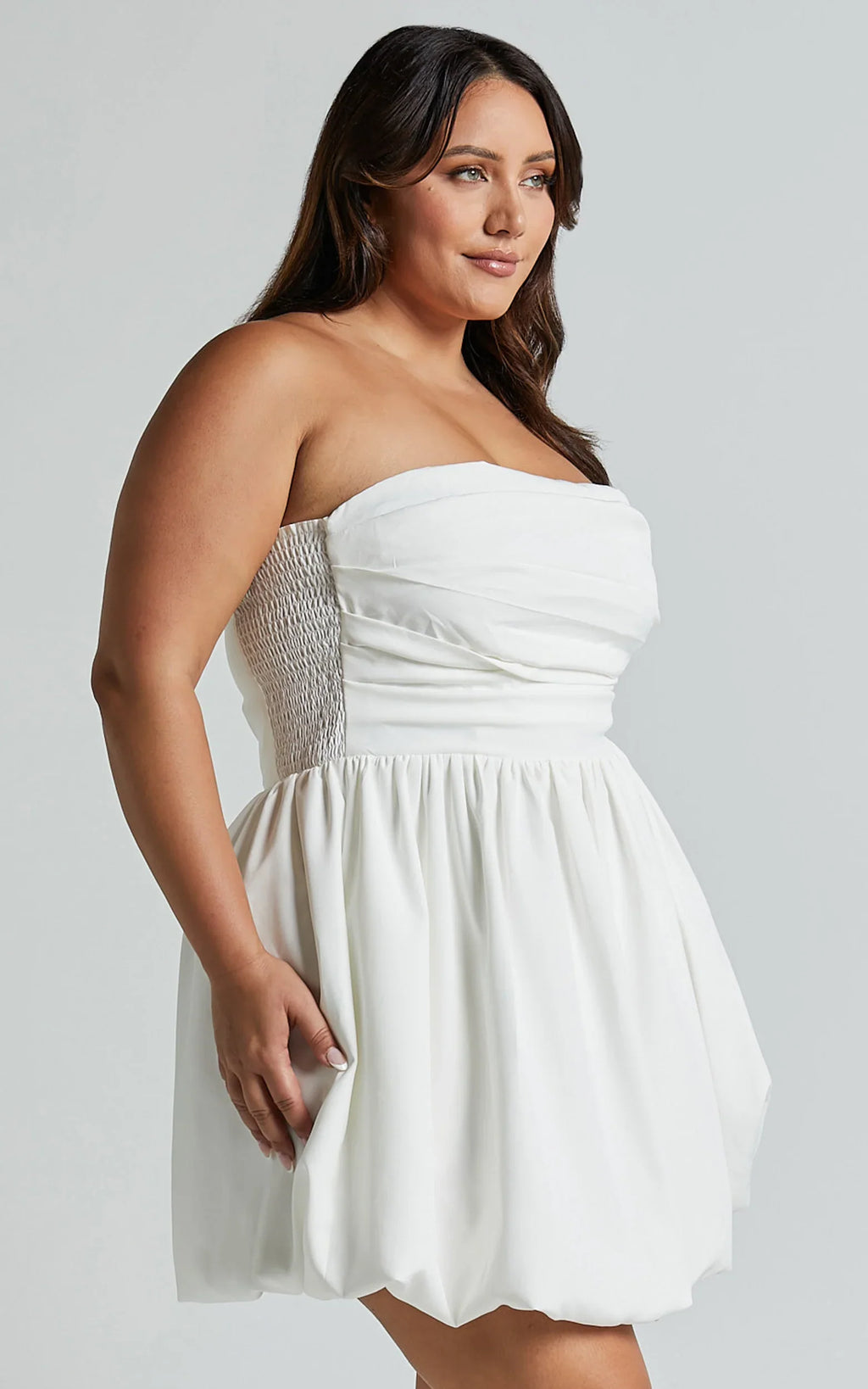 Shaima Mini Dress - Strapless Bubble Hem Dress in White