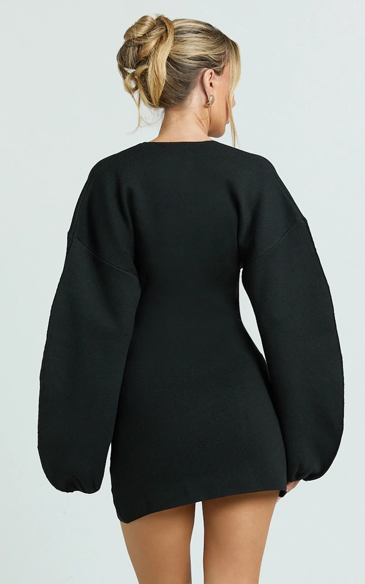 Colette Mini Dress - Wrap Front Cocoon Sleeve Button Front Knit Dress in Black