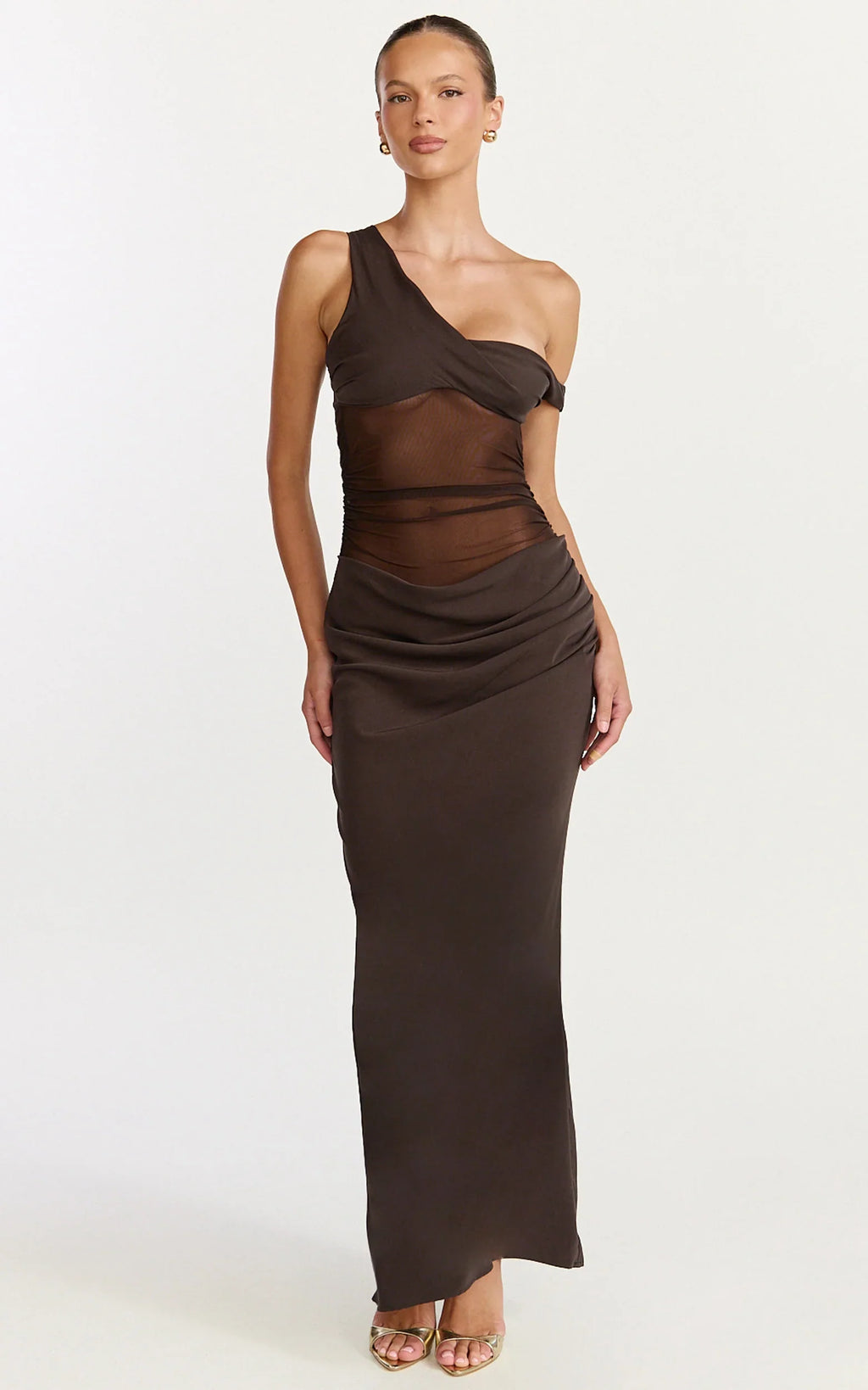 Elias Maxi Dress - Twisted One Shoulder Cowl Dropped Waist Dress in Chocolate