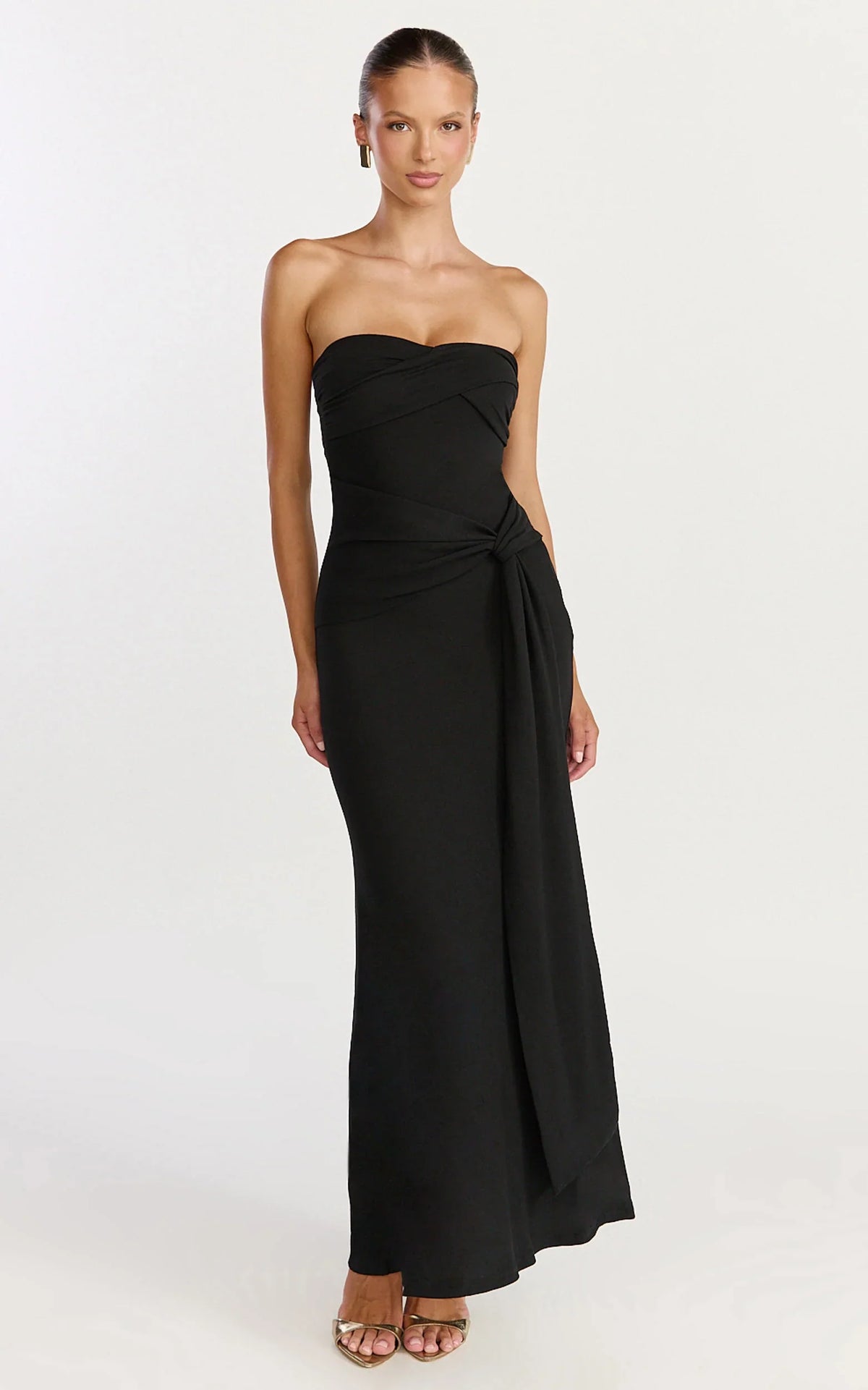 Aria Midi Dress - Strapless Tie Waist Dress in Black