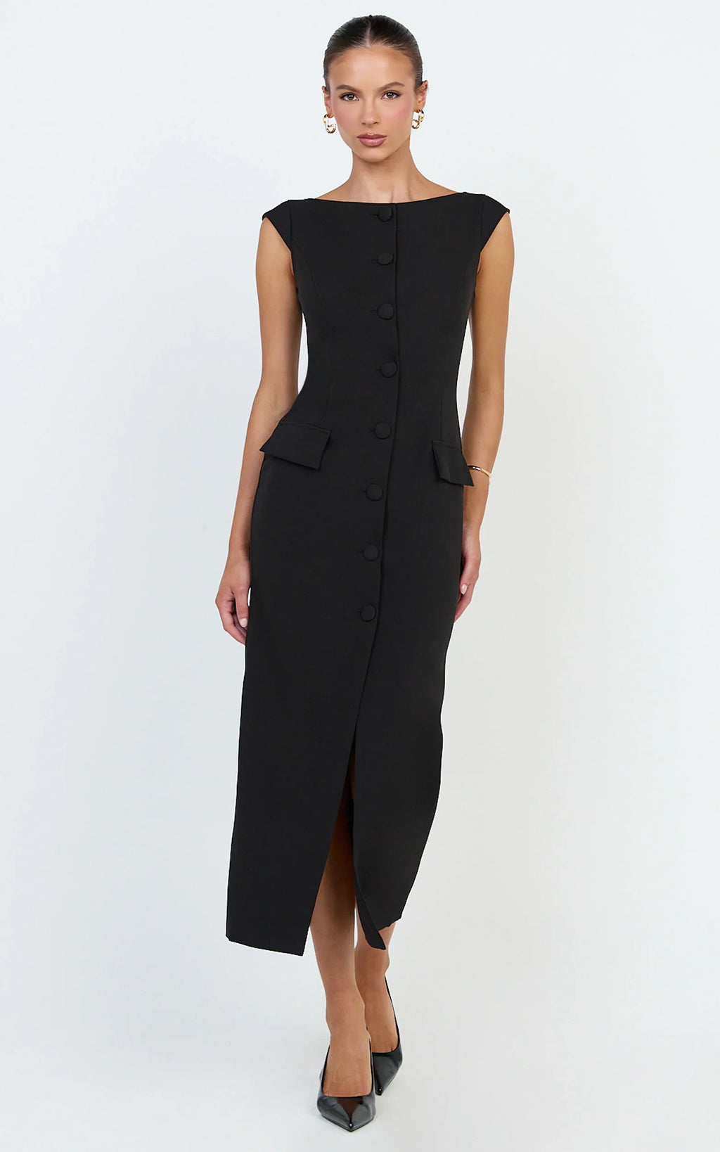 Calista Midi Dress - Boat Neck Button Down Pencil Dress in Black