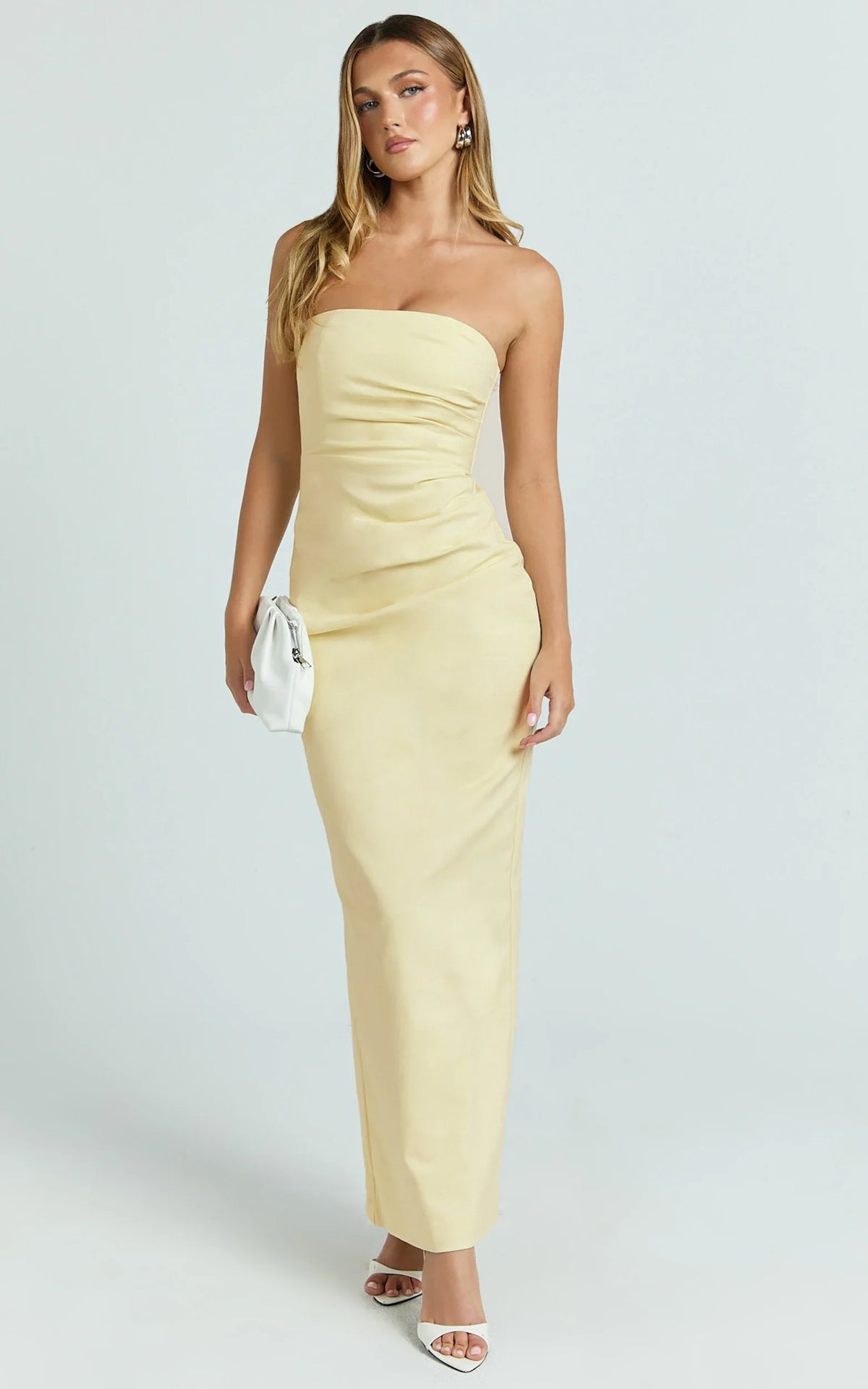 Jamie Maxi Dress - Strapless Ruched Fitted Column Dress in Lemon