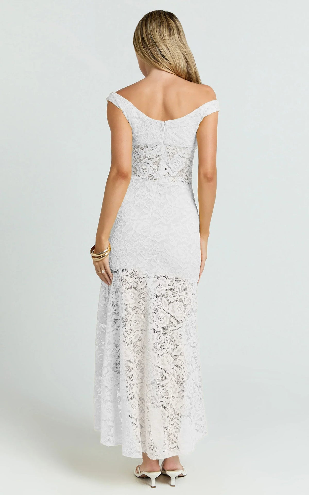 Tatum Midi Dress - Lace Off Shoulder Side Split Dress in Off White