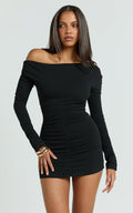 Zoe Mini Dress - Asymmetric Off Shoulder Fitted Sleeve Ruched Jersey Dress in Black