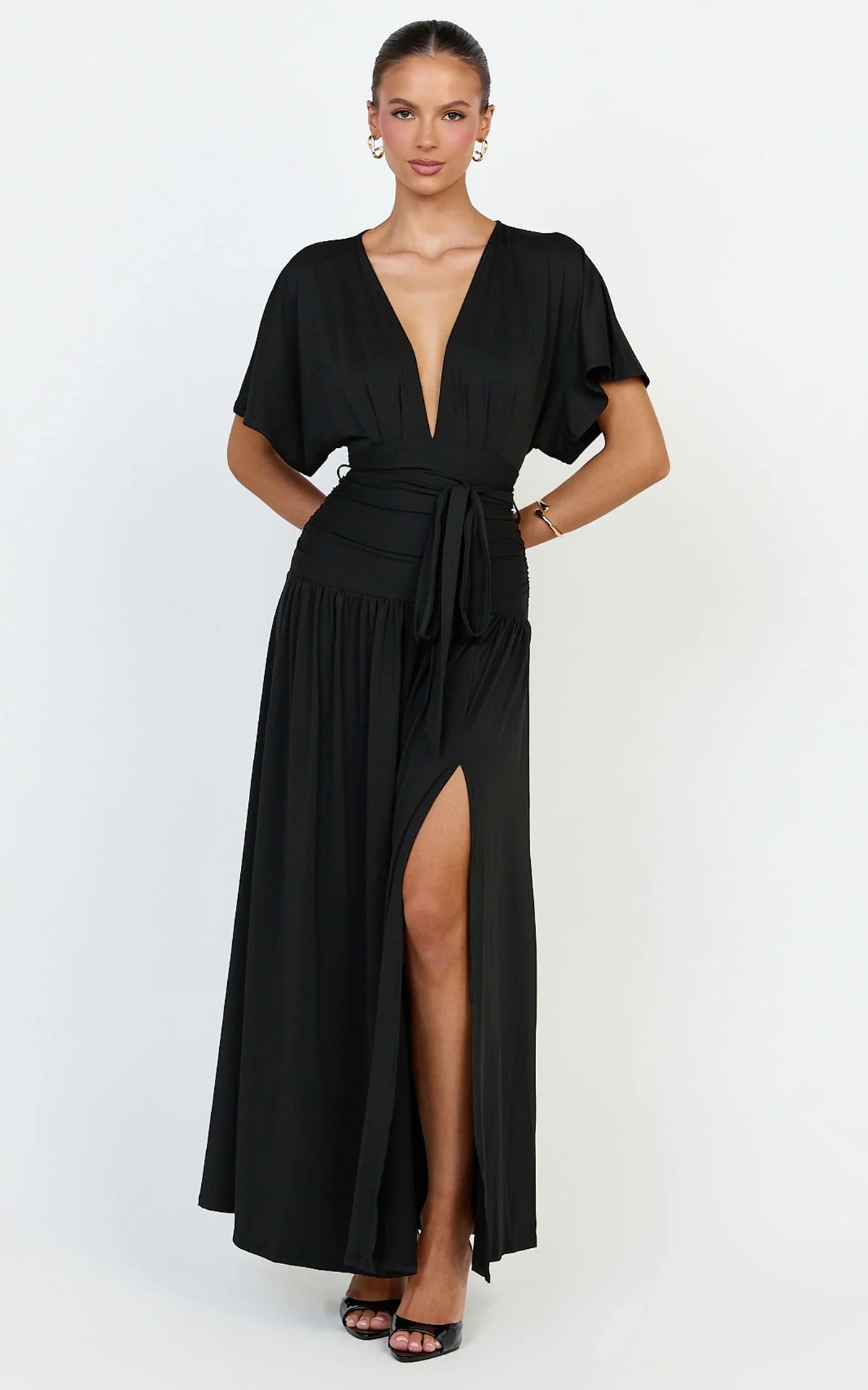 Liana Maxi Dress - Wide Sleeve Tie Waist Maxi Dress in Black