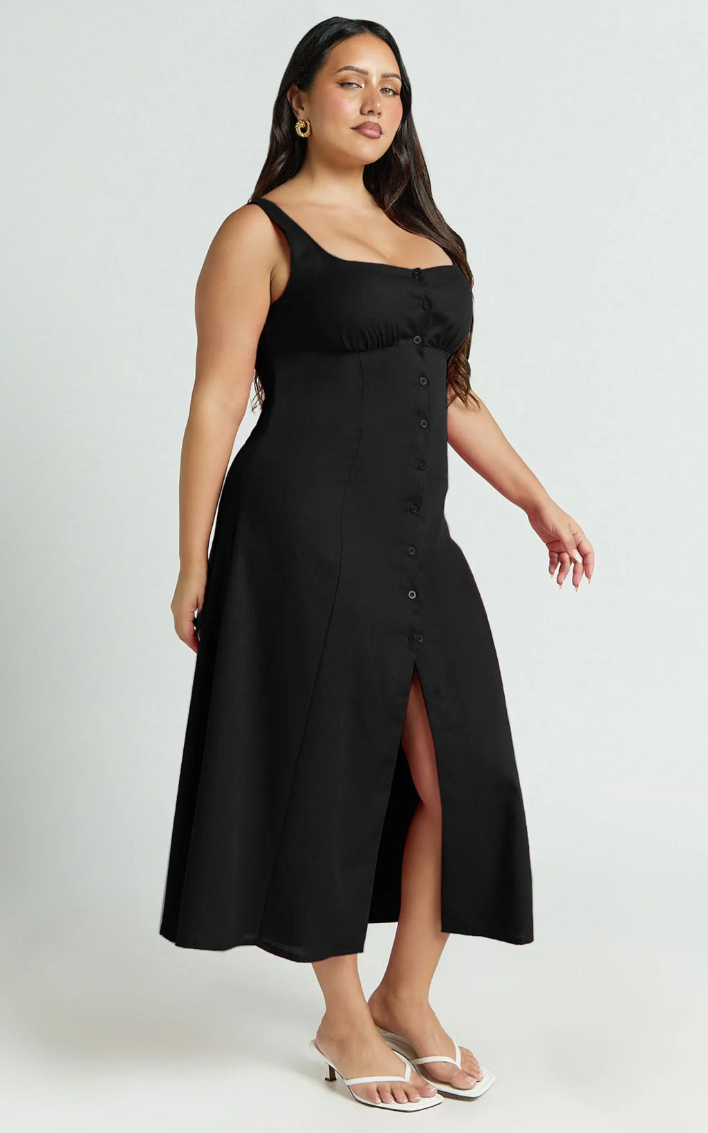 Cameron Midi Dress - Button Front Tie Back Dress in Black