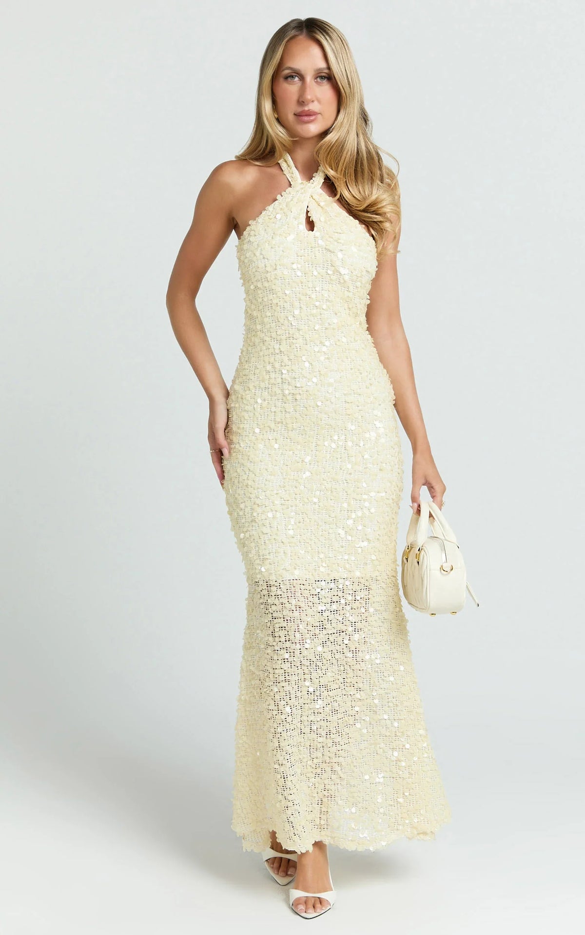Celeste Midi Dress - Sequin Halter Low Back Dress in Lemon