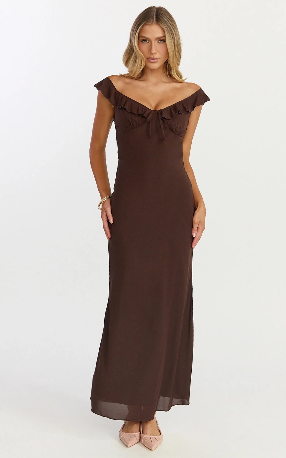 Lily Midi Dress - Ruffle V Neck Front Tie Slip Dress in Chocolate