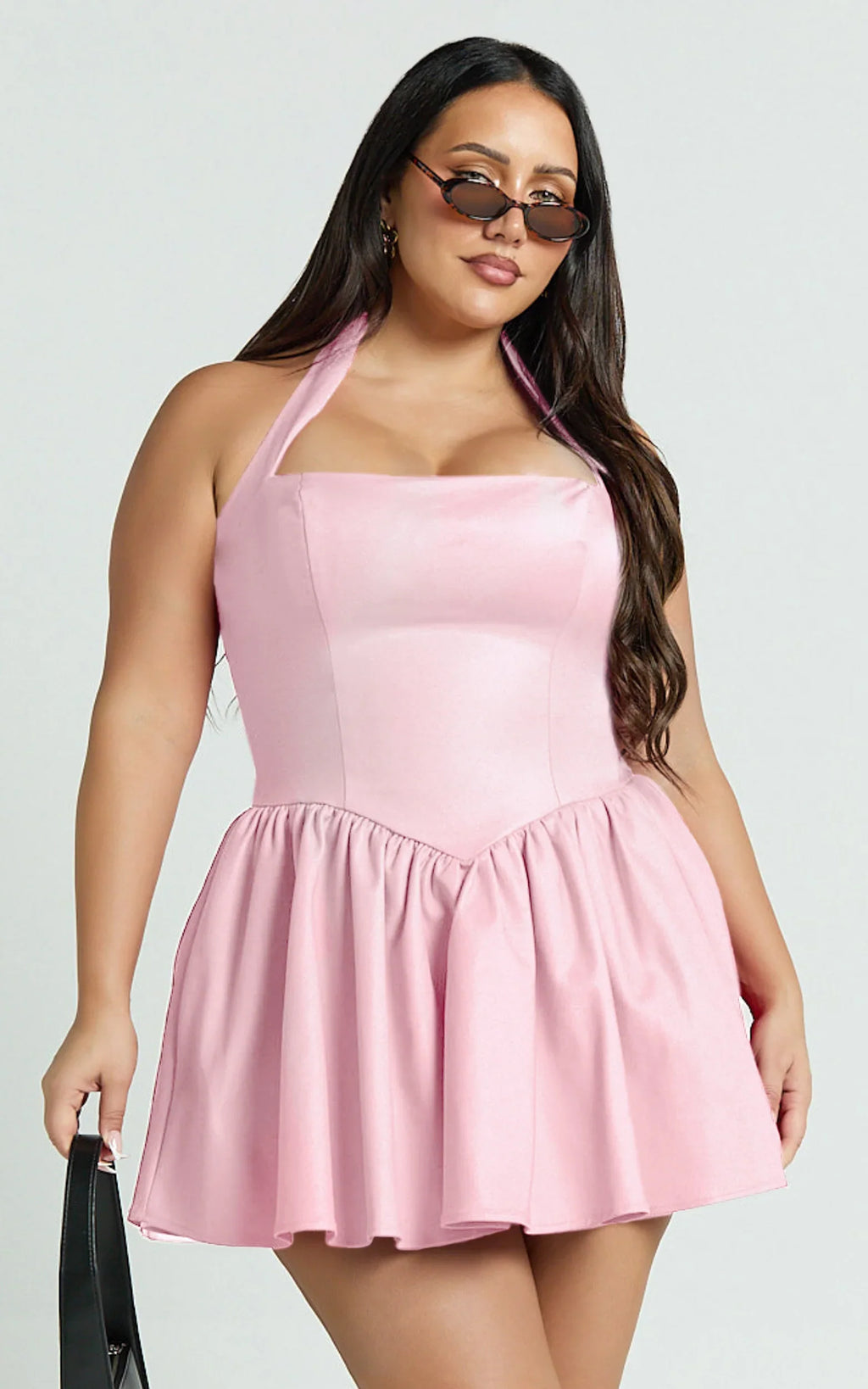 Helda Mini Dress - Halter Tie Neck Corset Panel Dress in Pink