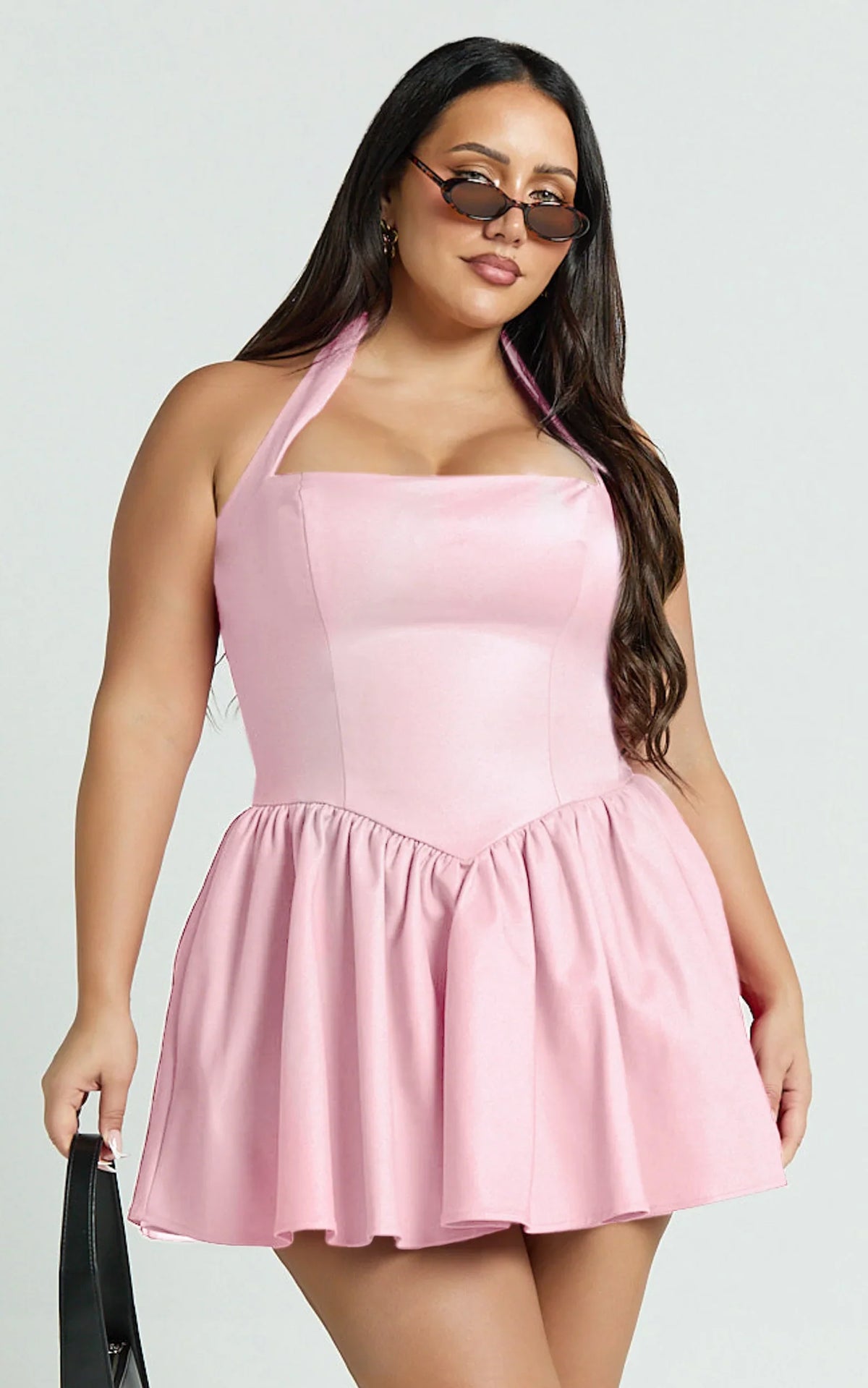 Helda Mini Dress - Halter Tie Neck Corset Panel Dress in Pink