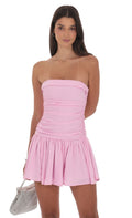 Matte Satin Strapless Ruched Flare Dress in Pink