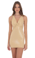 Foil Twist Open Back Dress in Gold