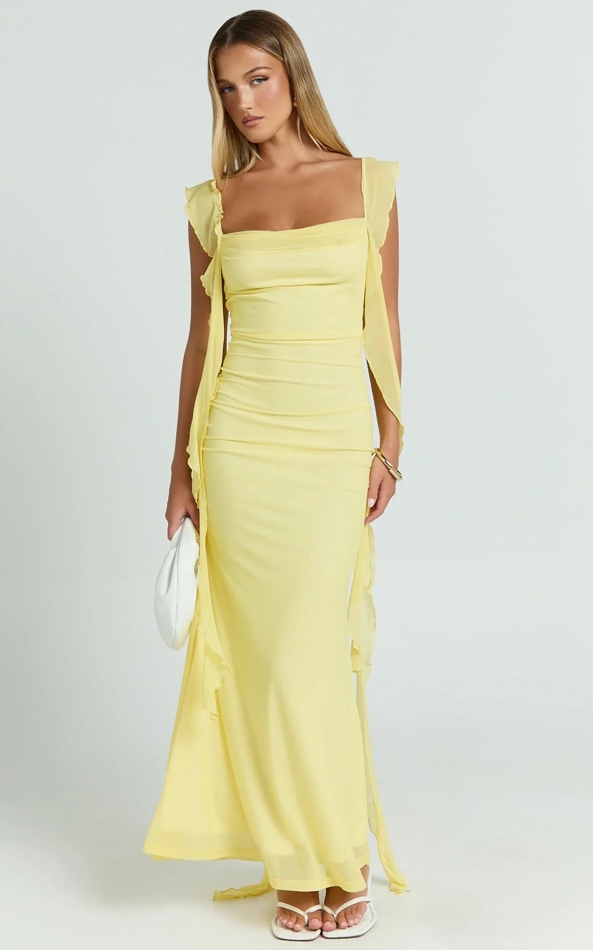 Rosha Midi Dress - Ruffle Strap Dress in Butter