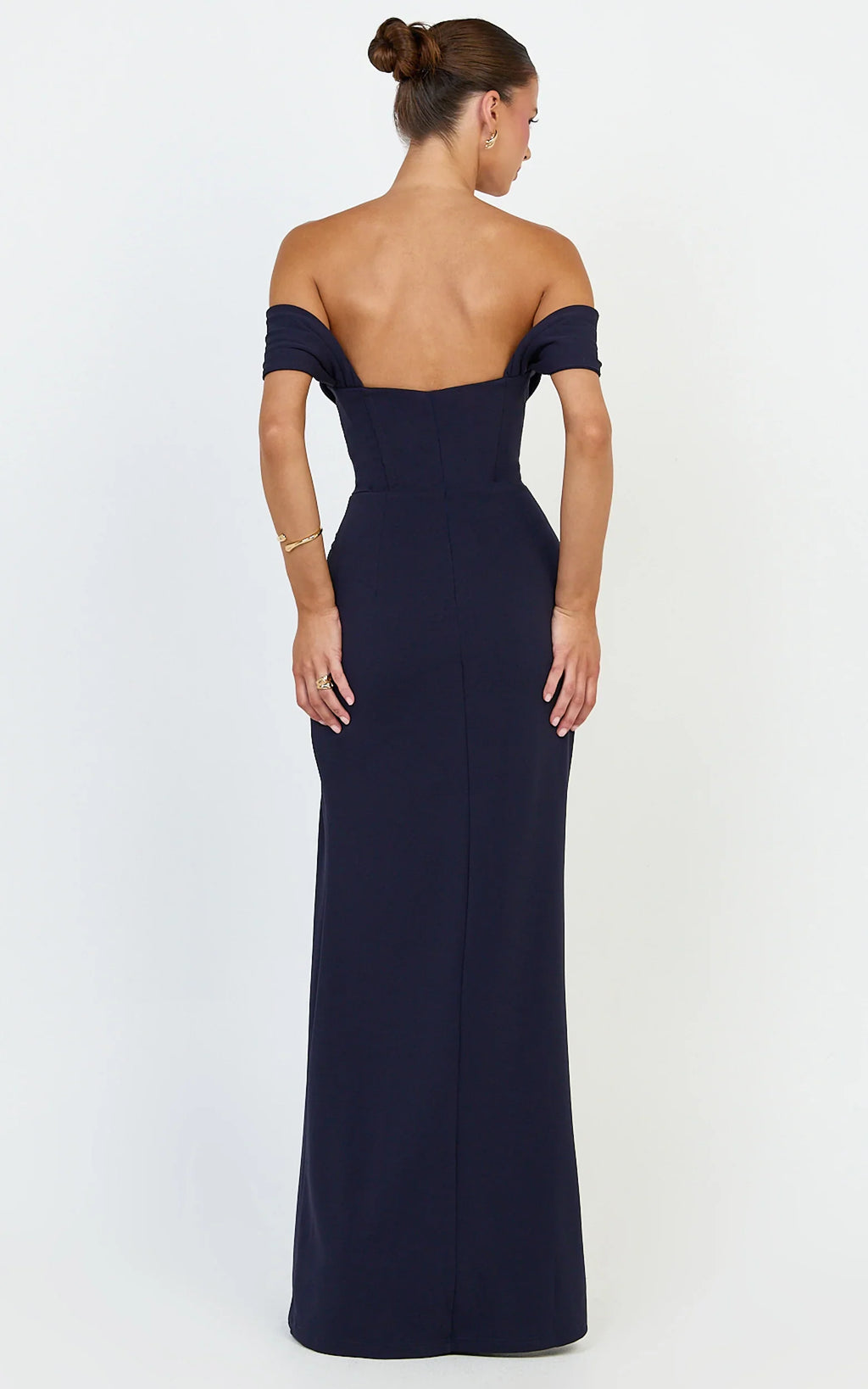 Marcel Maxi Dress - Off Shoulder Corset High Split Dress in Navy
