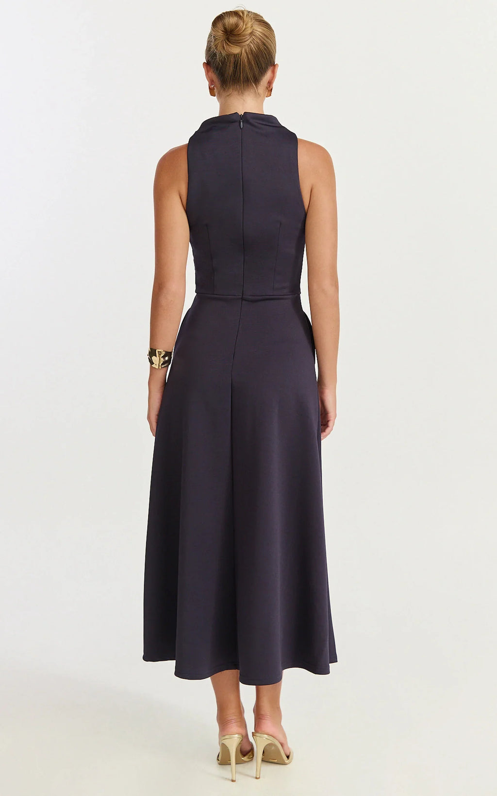 Macy Midi Dress - High Neck A Line Dress in Navy