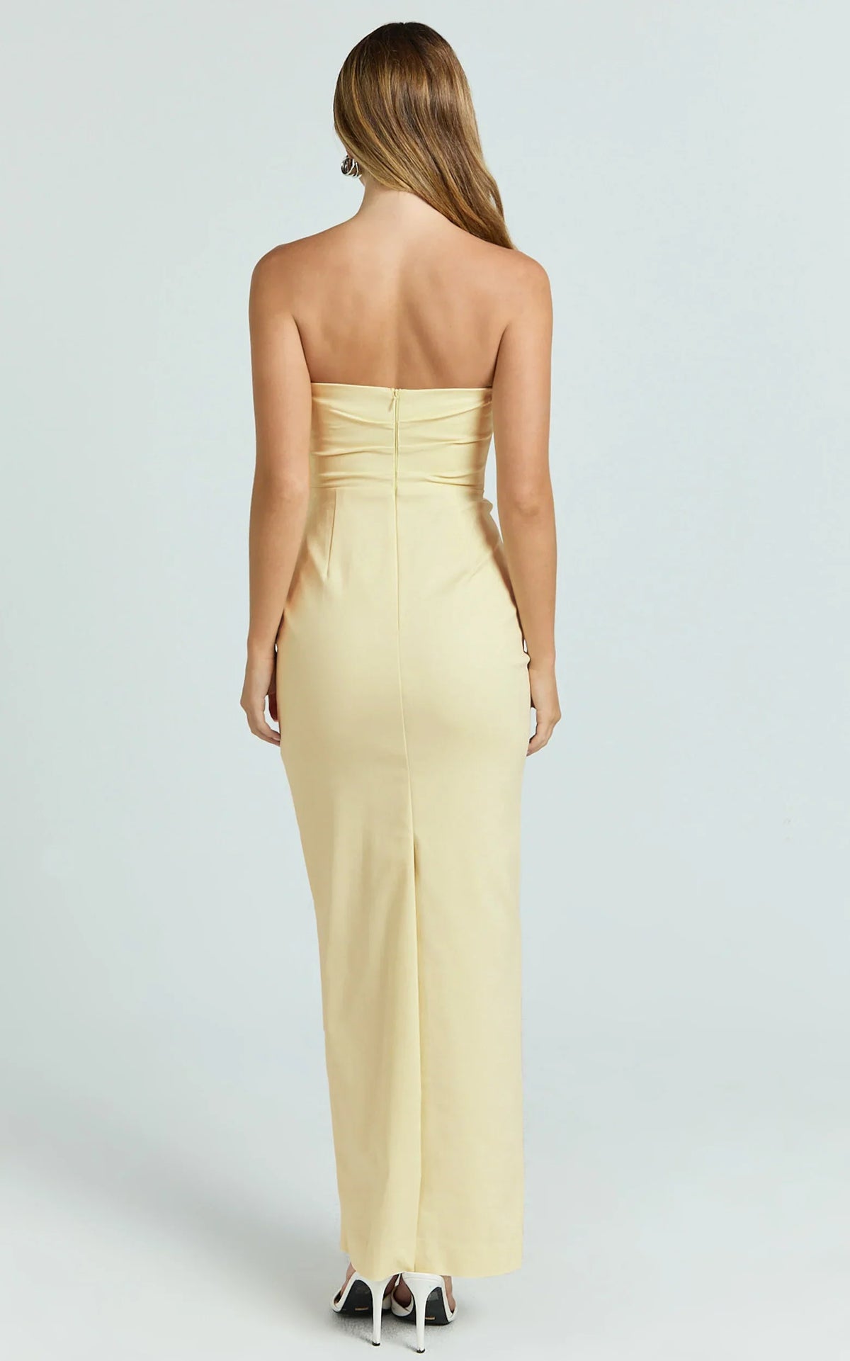 Jamie Maxi Dress - Strapless Ruched Fitted Column Dress in Lemon