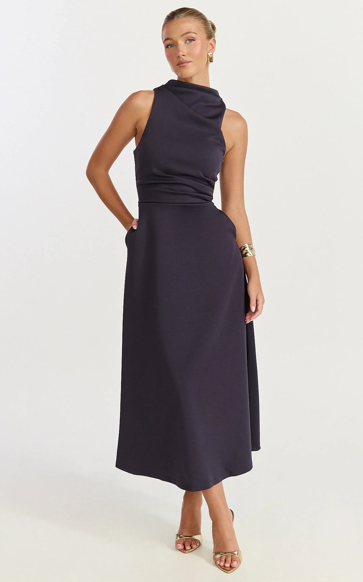 Macy Midi Dress - High Neck A Line Dress in Navy