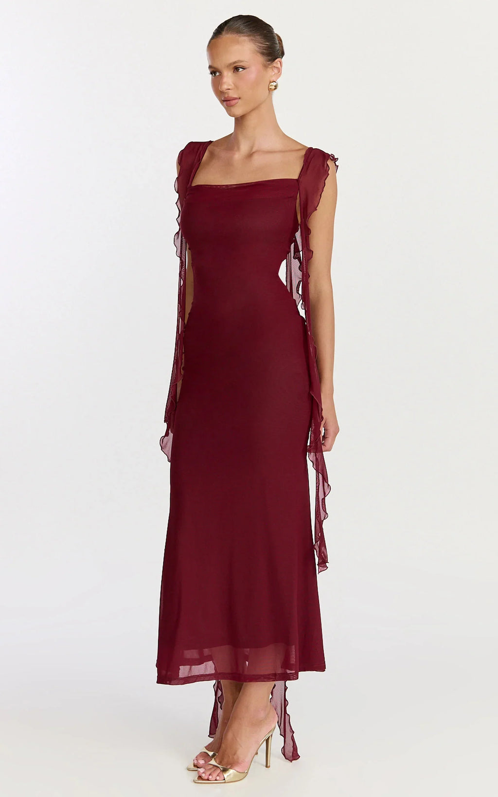 Rosha Midi Dress - Ruffle Strap Dress in Wine