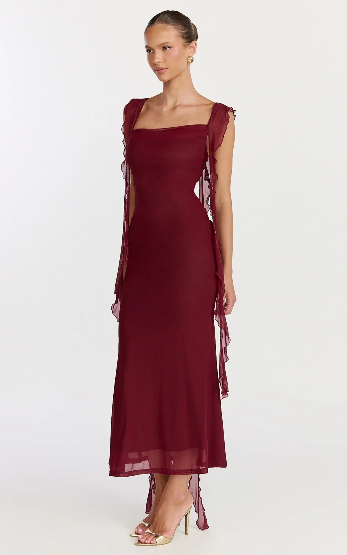 Rosha Midi Dress - Ruffle Strap Dress in Wine