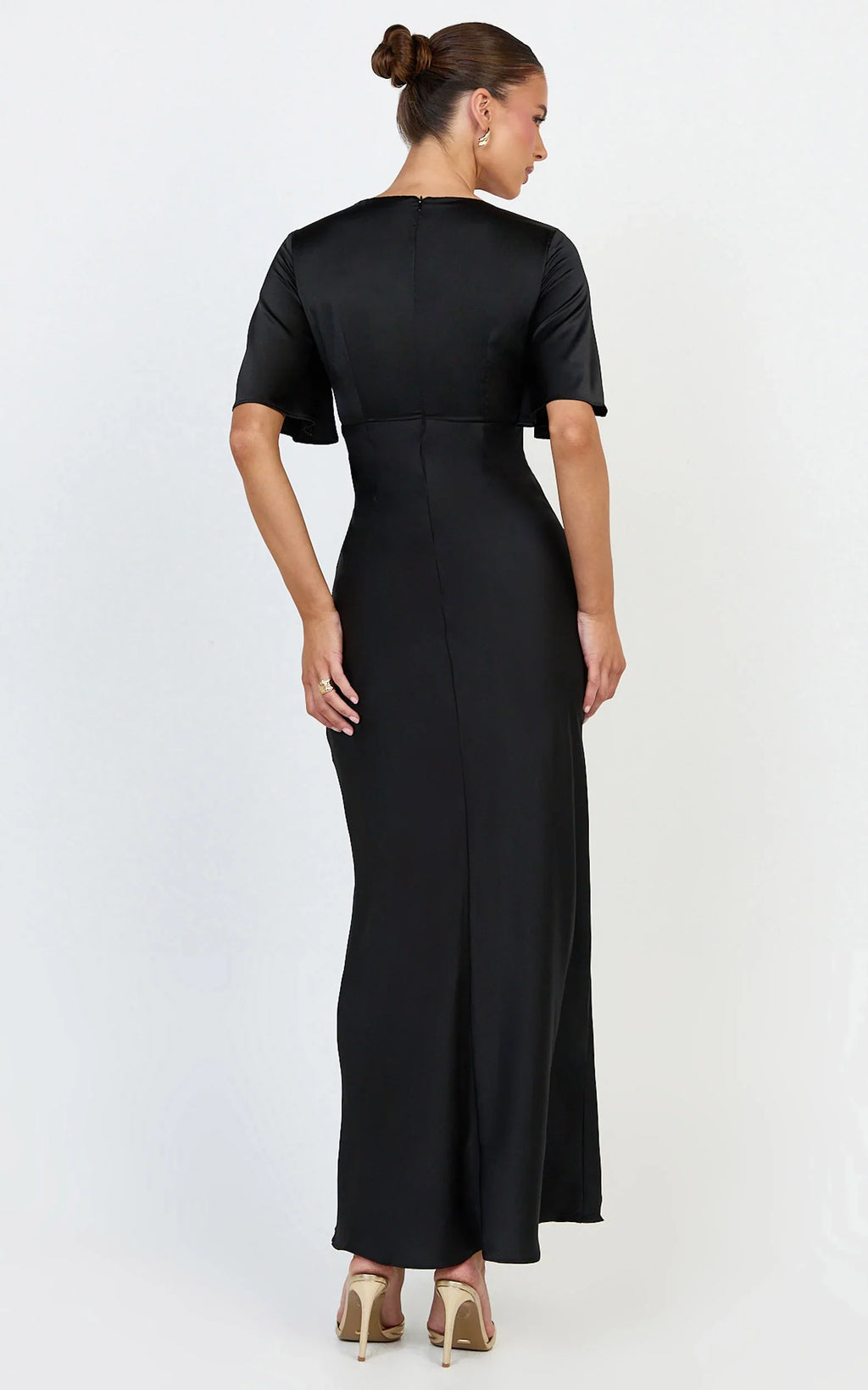 Amelie Maxi Dress - Ruched Front Angel Sleeve Satin Dress in Black