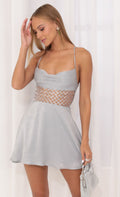 Satin Sequin Cutout Dress in Silver
