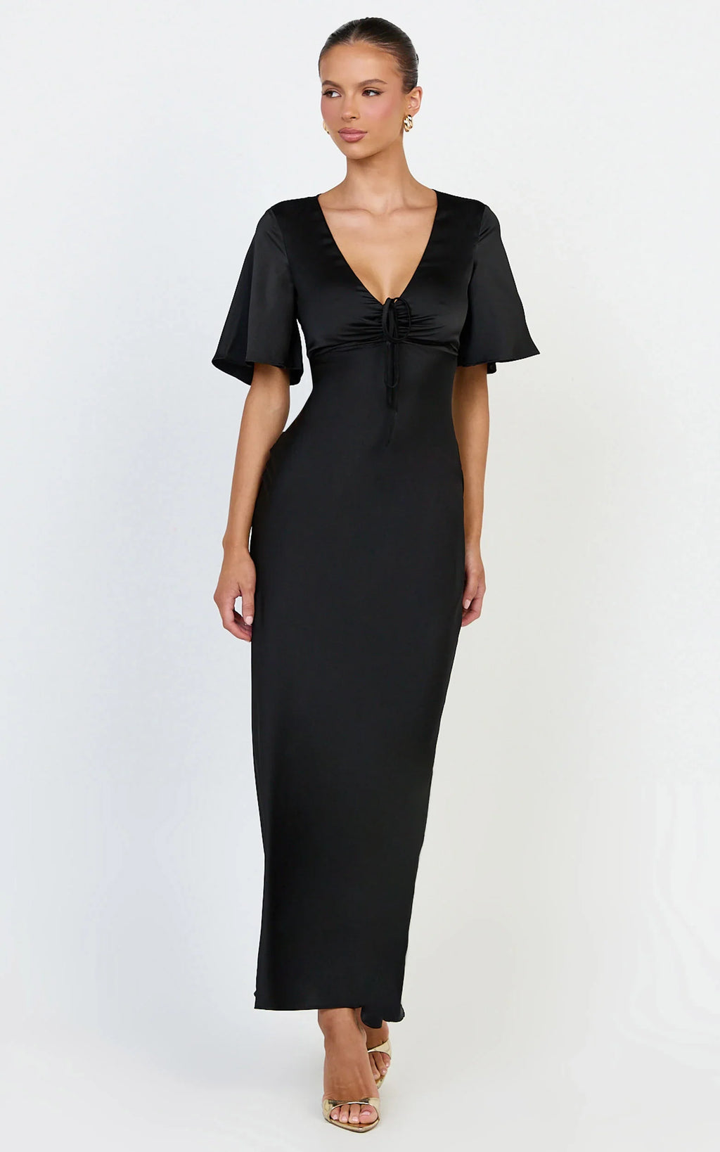 Amelie Maxi Dress - Ruched Front Angel Sleeve Satin Dress in Black