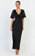 Amelie Maxi Dress - Ruched Front Angel Sleeve Satin Dress in Black
