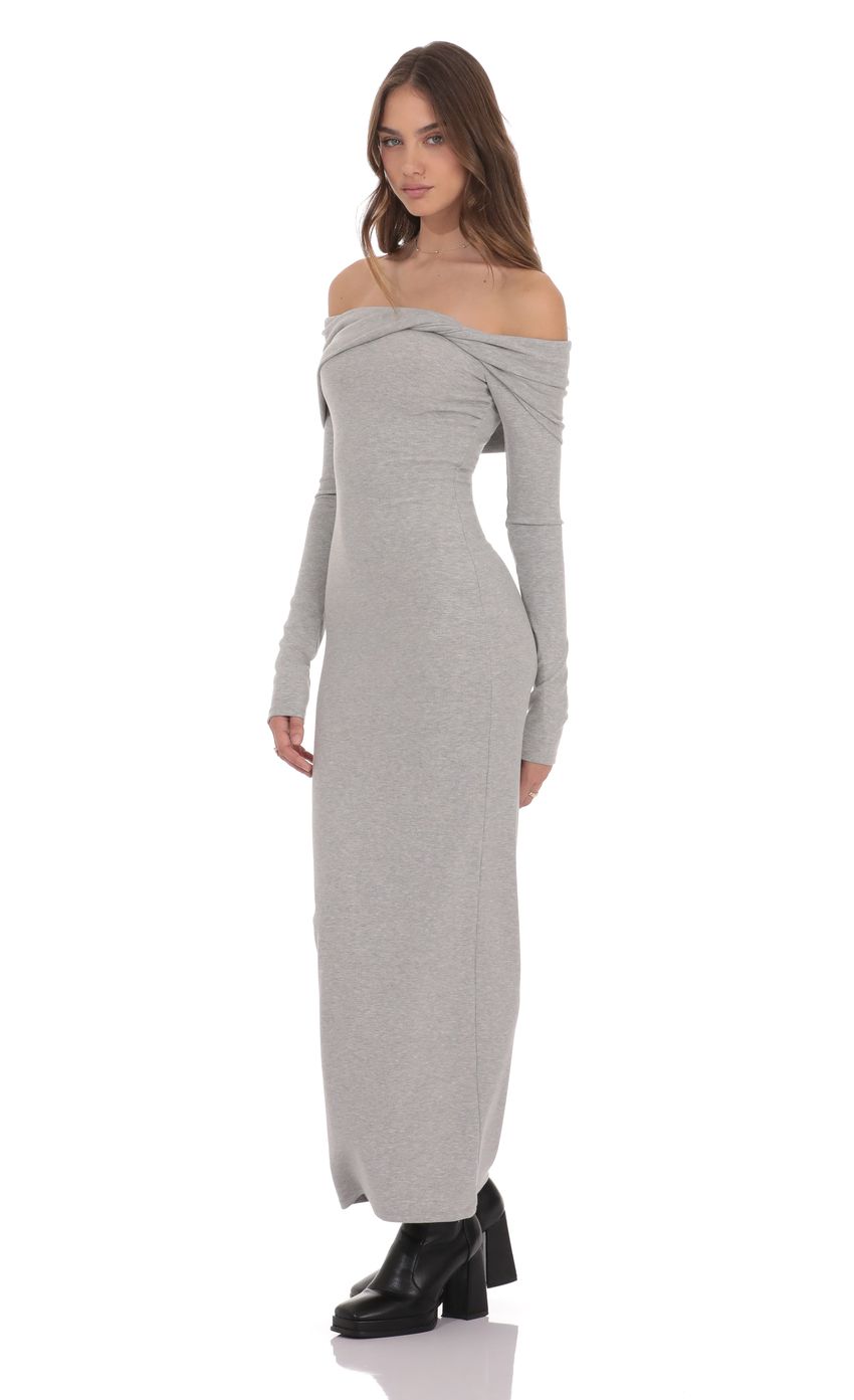 Twist Off Shoulder Maxi Dress in Grey