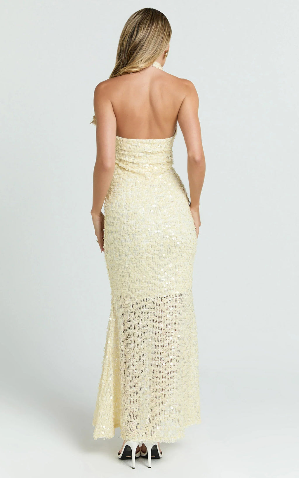 Celeste Midi Dress - Sequin Halter Low Back Dress in Lemon
