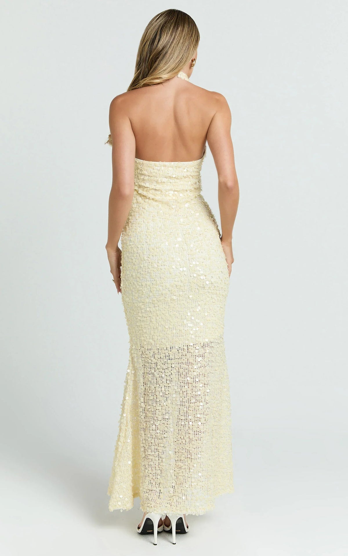 Celeste Midi Dress - Sequin Halter Low Back Dress in Lemon