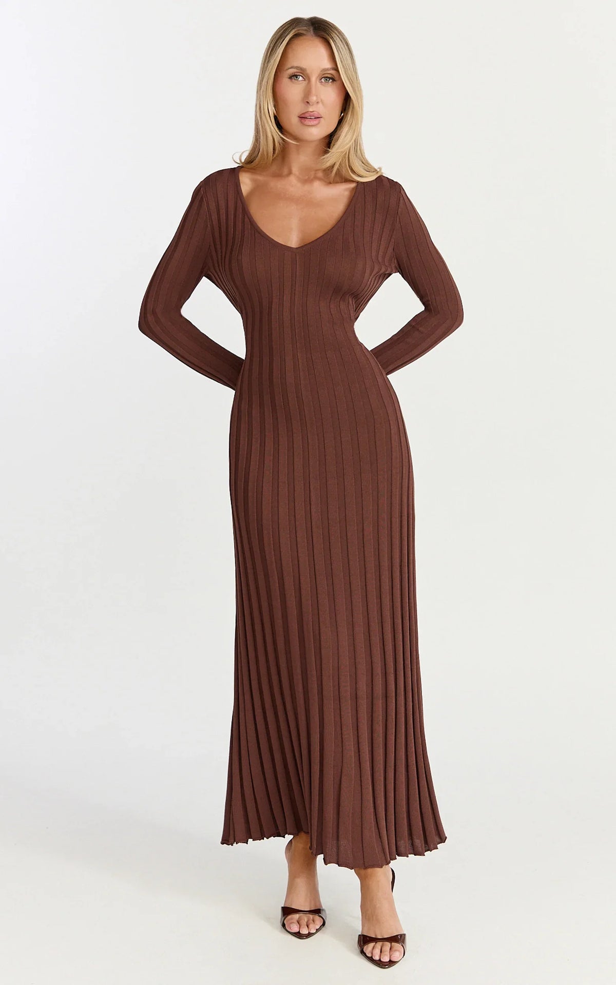 Astra Maxi Dress - V Neck Long Sleeve Knit Dress in Chocolate