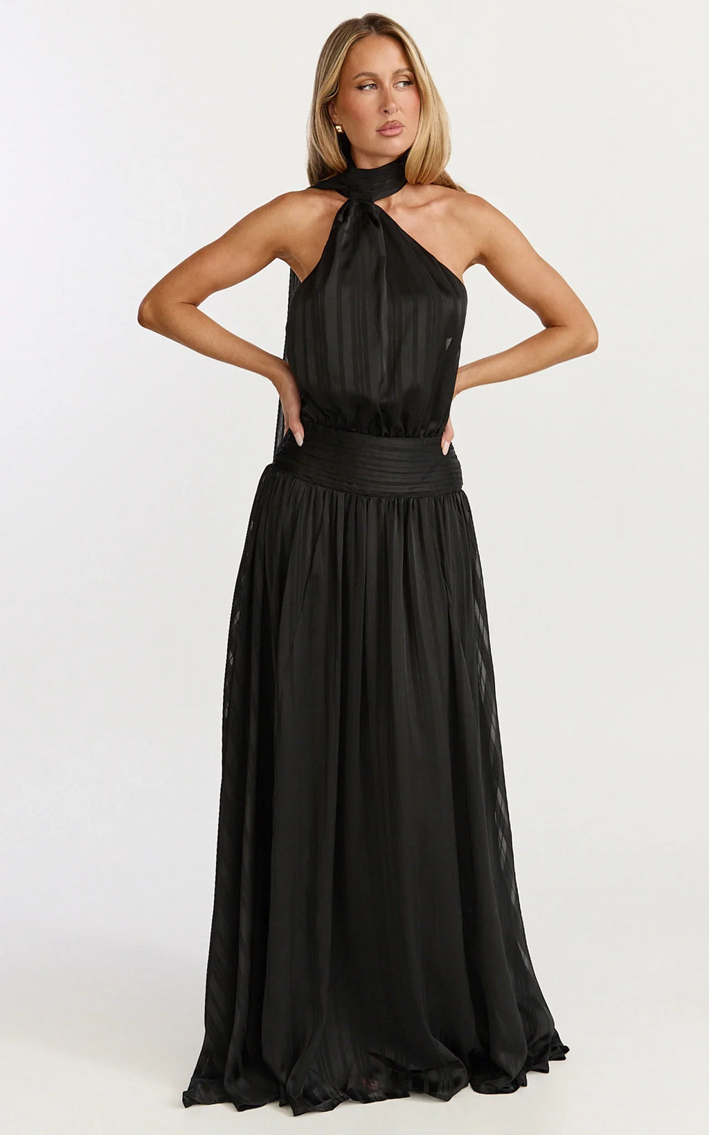 Mirabelle Maxi Dress - Scarf Neck Backless High Low Dress in Black