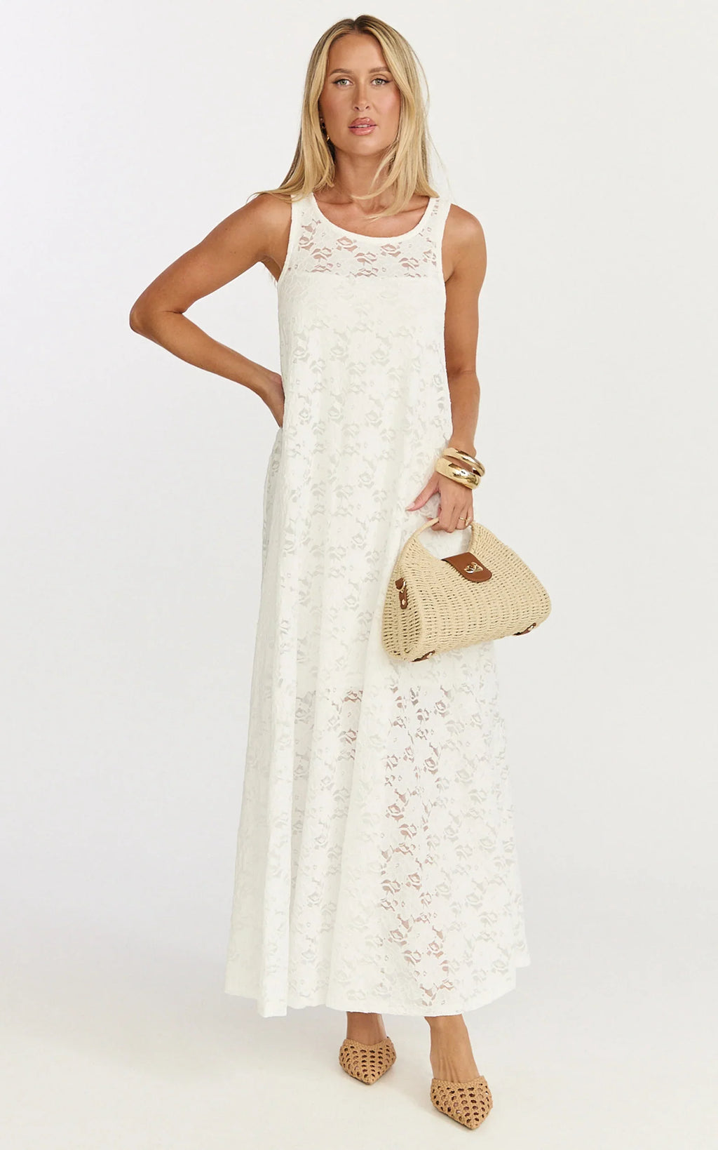Bella Midi Dress - Lace Shift Dress in Off White