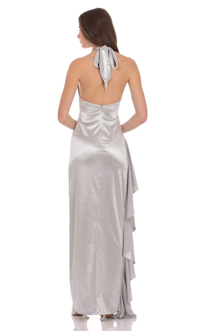 Satin Plunge Neck Halter Maxi Dress in Silver