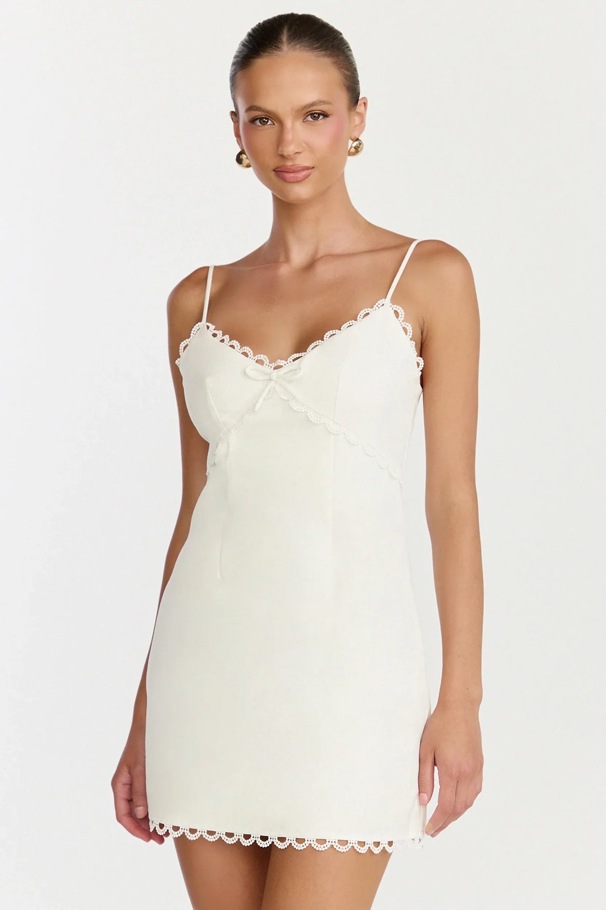 Loya Mini Dress - Scallop Lace Trim Mini Dress in Off White