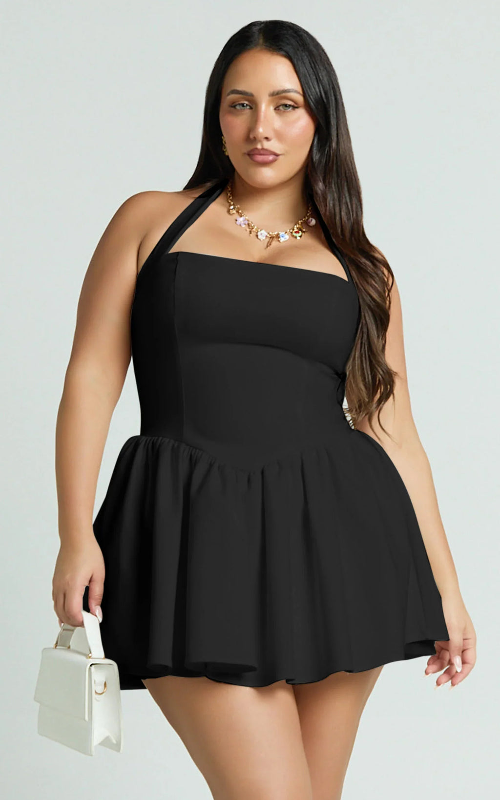Helda Mini Dress - Halter Tie Neck Corset Panel Dress in Black